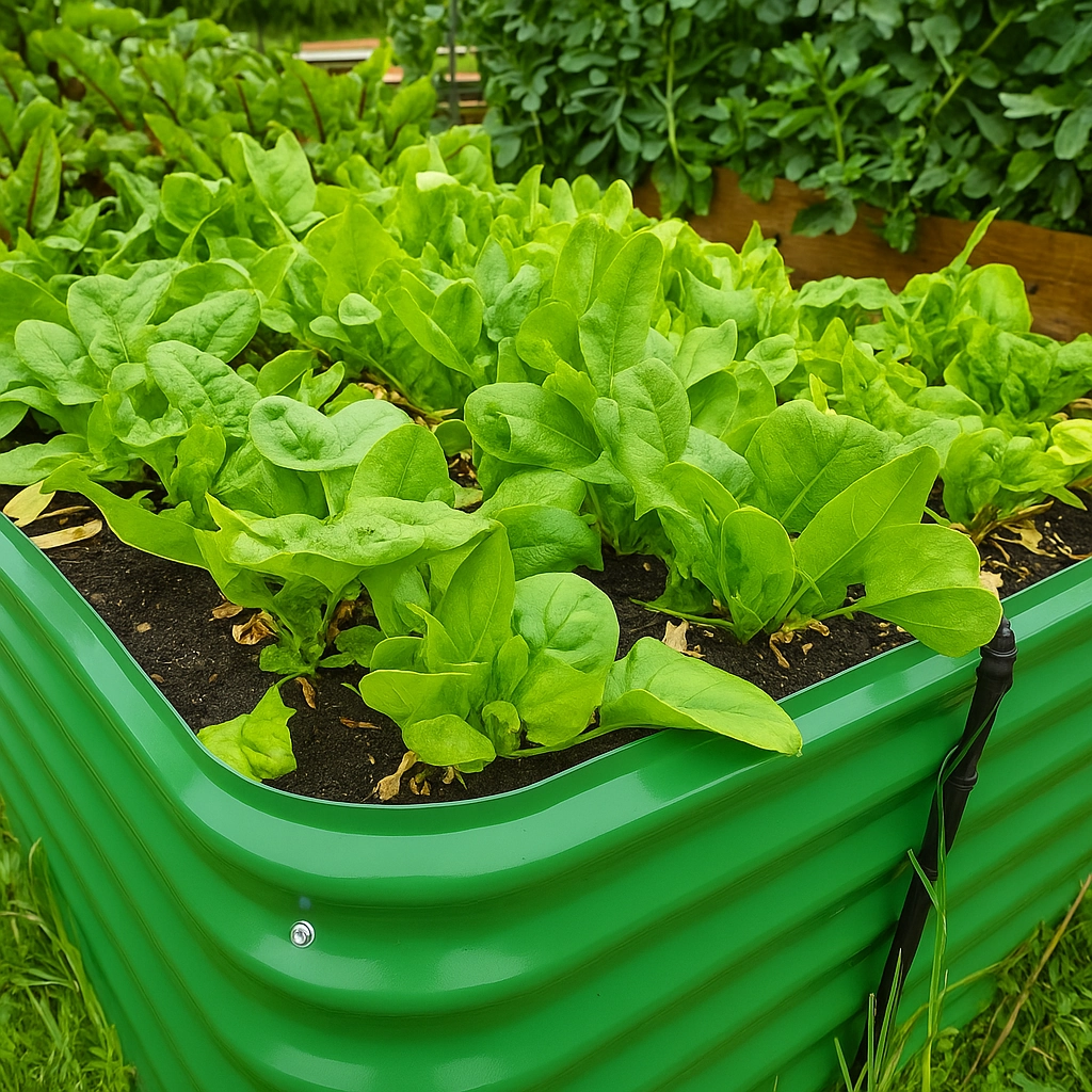 Fresh spinach growing in a raised garden bed with lush green leaves and rich soil.