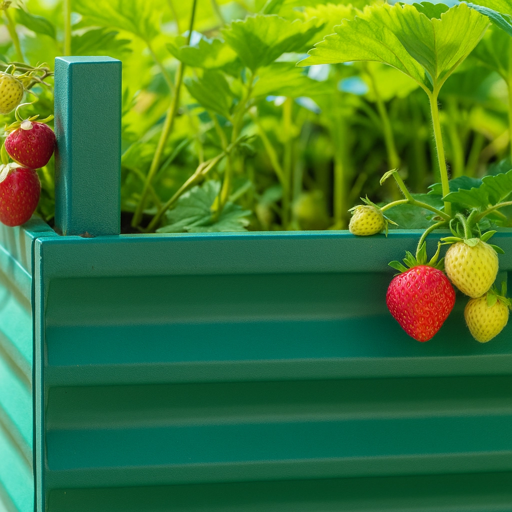 Ripe strawberries growing on a healthy plant in a raised garden bed.