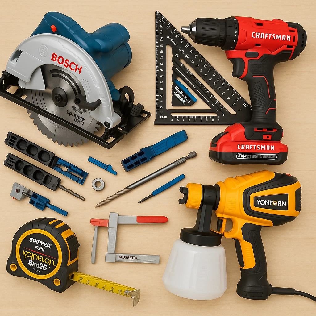 Various power tools and measuring instruments including drill, circular saw, tape, and spray gun on table.