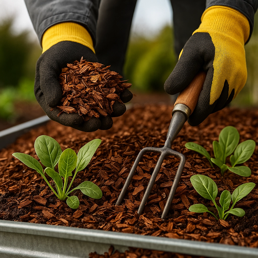 Gardener adding wood chips mulch around young plants in a raised garden bed.