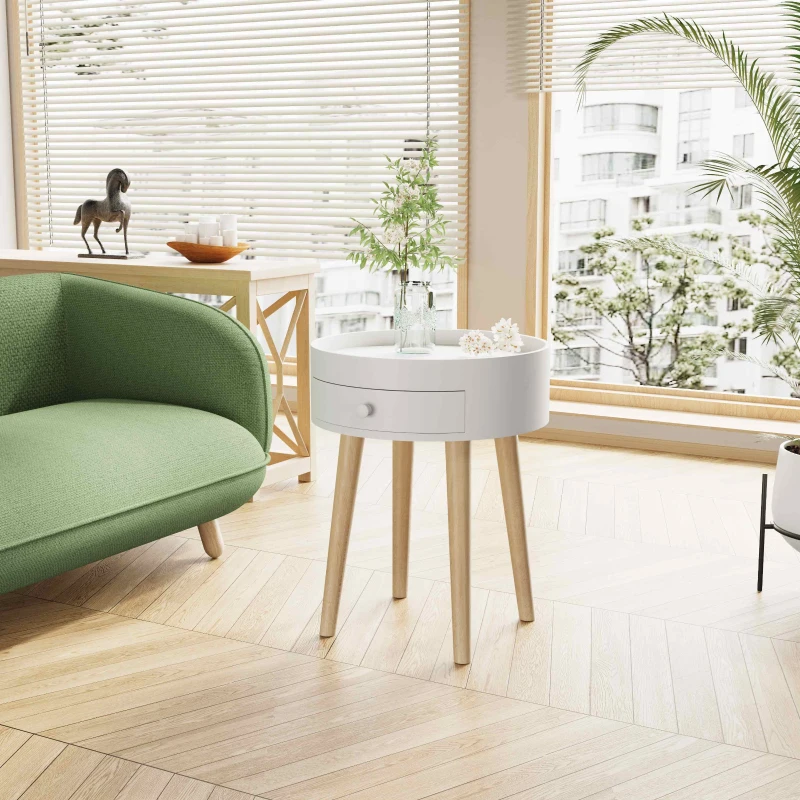 Modern white bedside table with built-in drawer, oak legs, and baffle edge