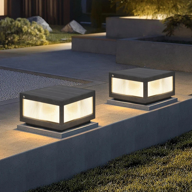 Sleek, modern solar-powered LED post lights for efficient garden illumination.