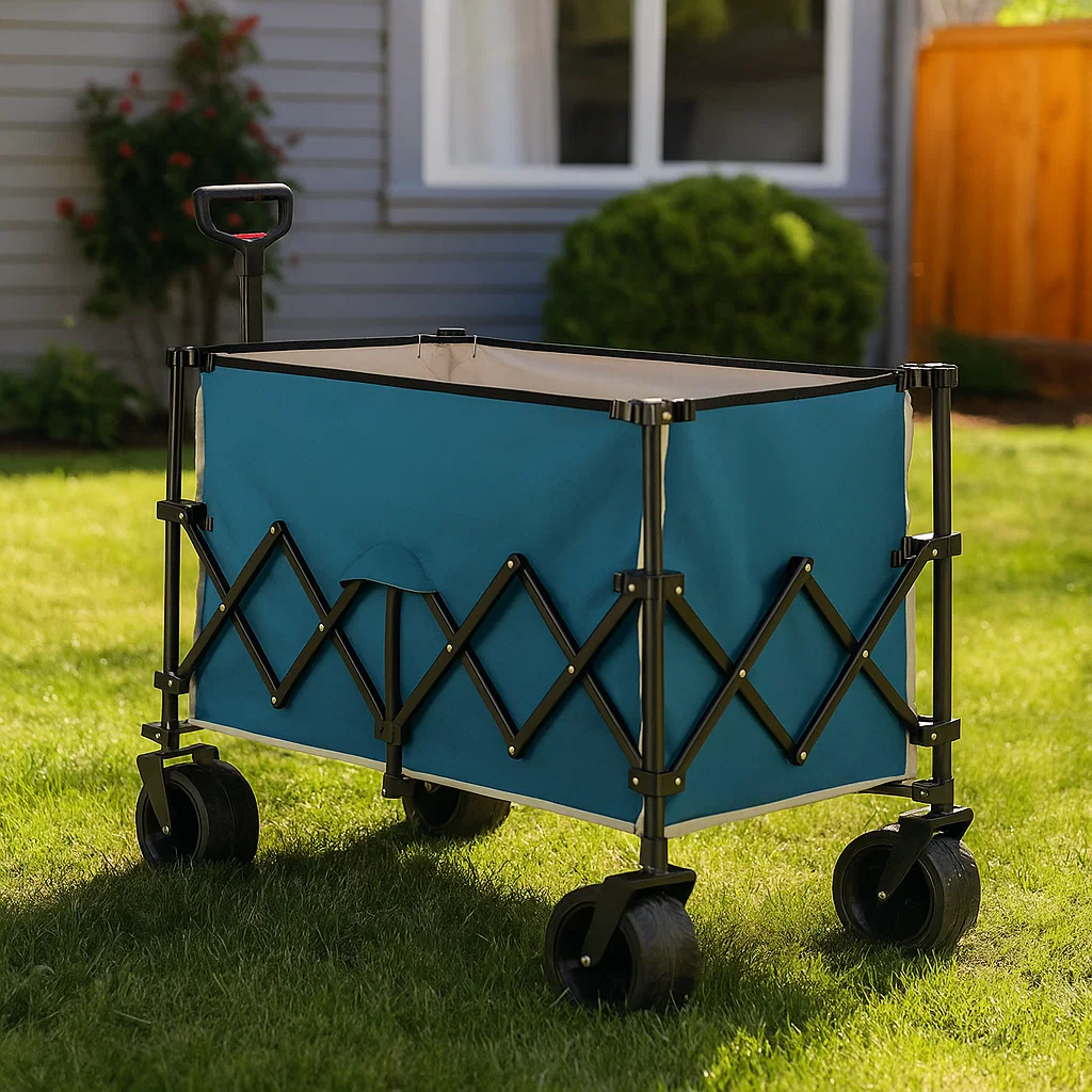 Compact folding wagon loaded with outdoor gear, parked on grass with trees in background.