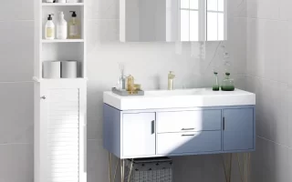 Modern bathroom with blue vanity, gold legs, mirrored cabinet, and tall white storage shelves.