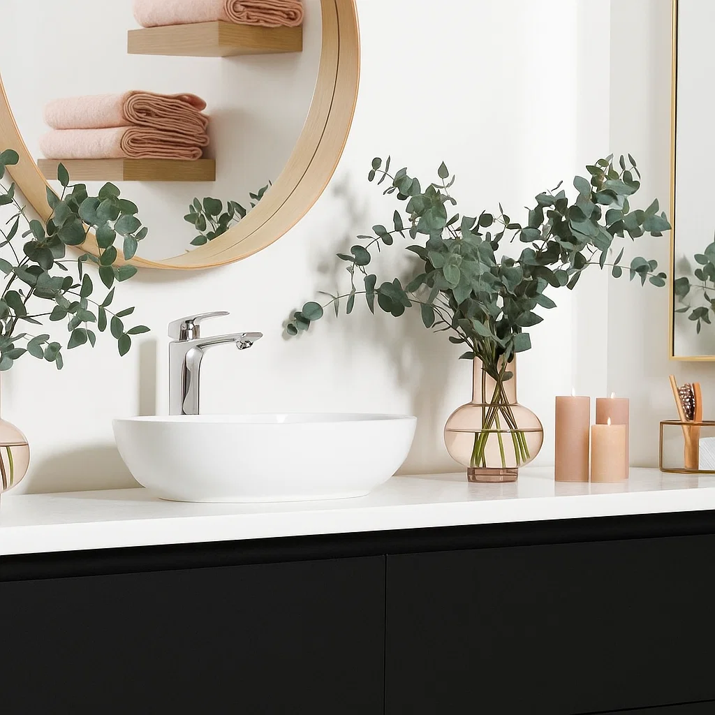 Modern bathroom vanity with eucalyptus branches, round mirror, and soft candles for a fresh, serene look.