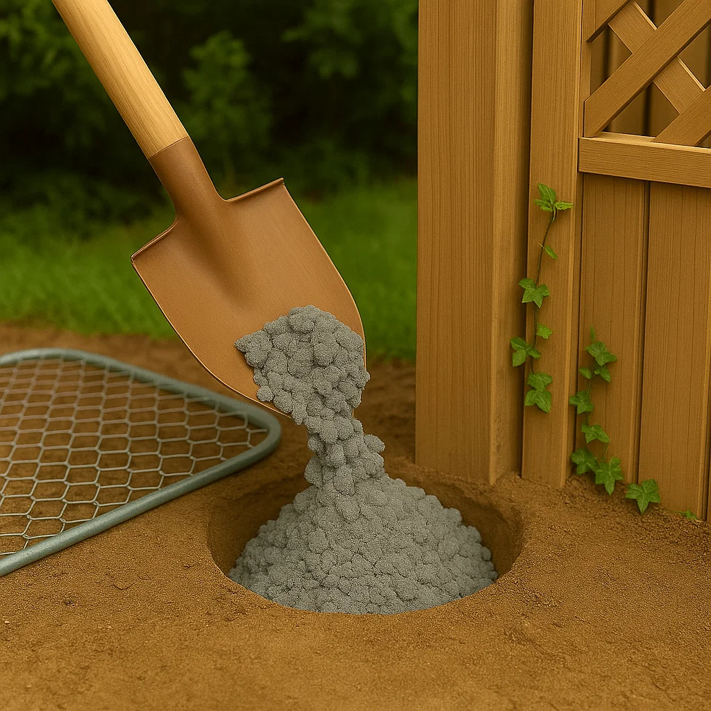 Shovel pouring gravel into post hole beside a wooden fence for gate installation.