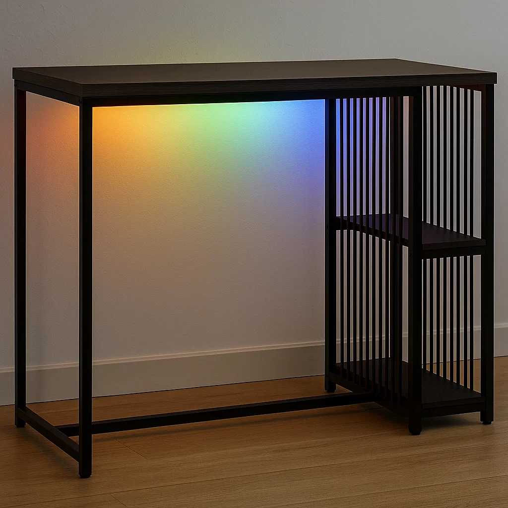 Modern console table with rainbow LED backlighting against a plain wall on wood flooring.