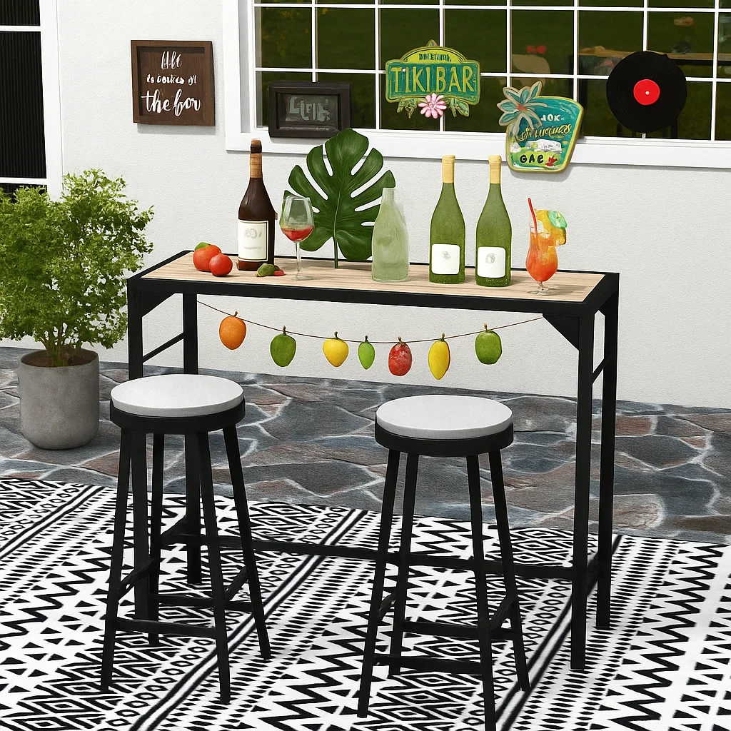 Bar table decorated with bottles, glasses, a fruit garland, and fun wall art in patio setting.