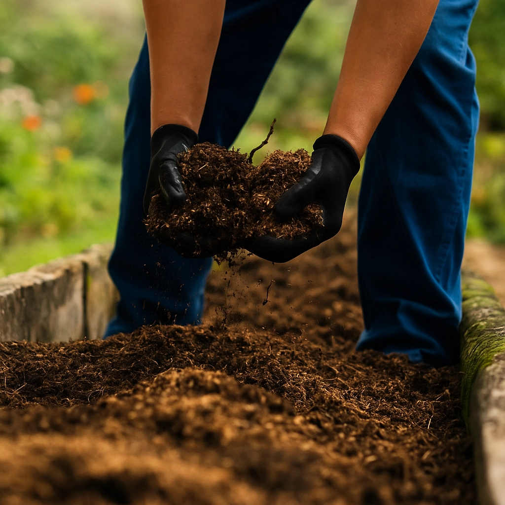 Adding compost or fertilizer to garden soil to improve plant health before fabric installation.