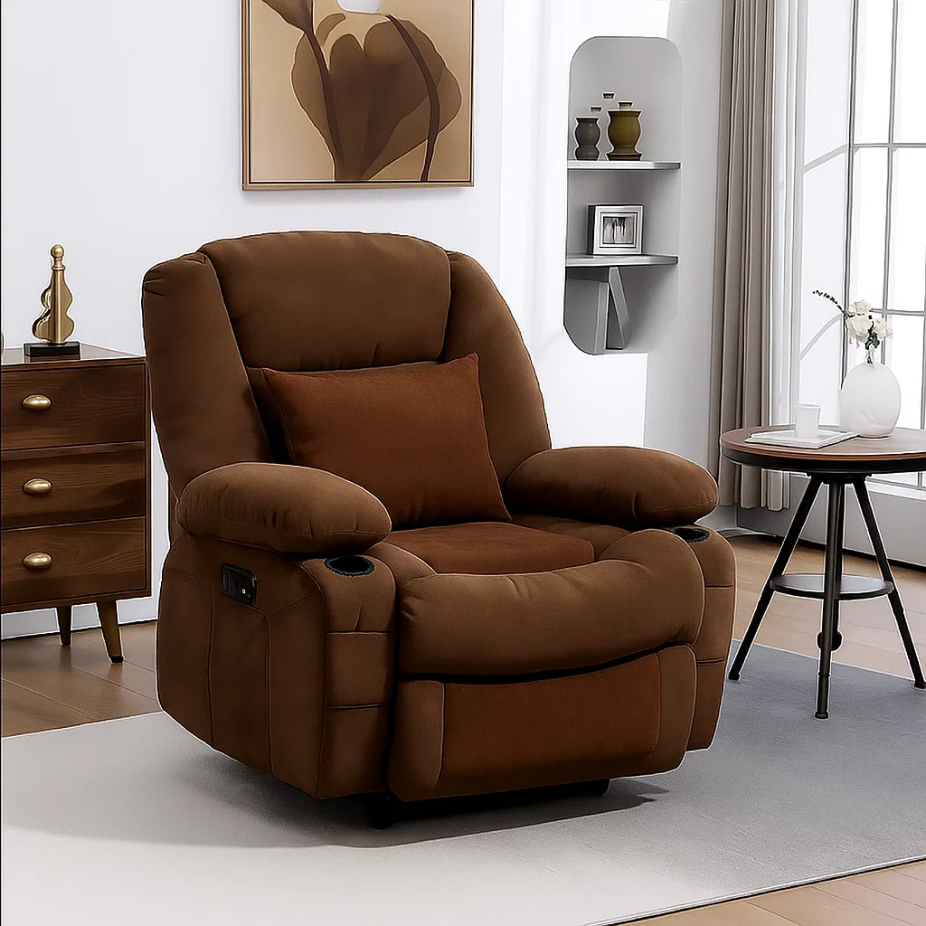 Recliner chair with exposed layers showing yellow cushion foam and black base support.