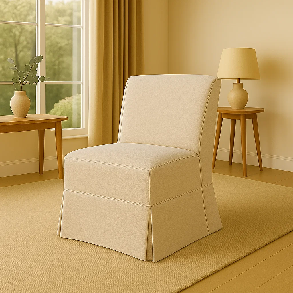 Slipper chair with fitted slipcover, showing adjustments and neat seams in a bright, modern room.