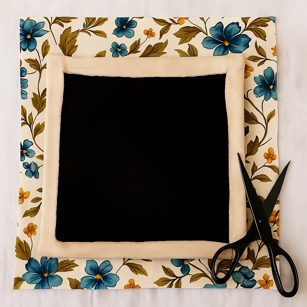 Floral fabric aligned and cut around chair seat with black scissors beside