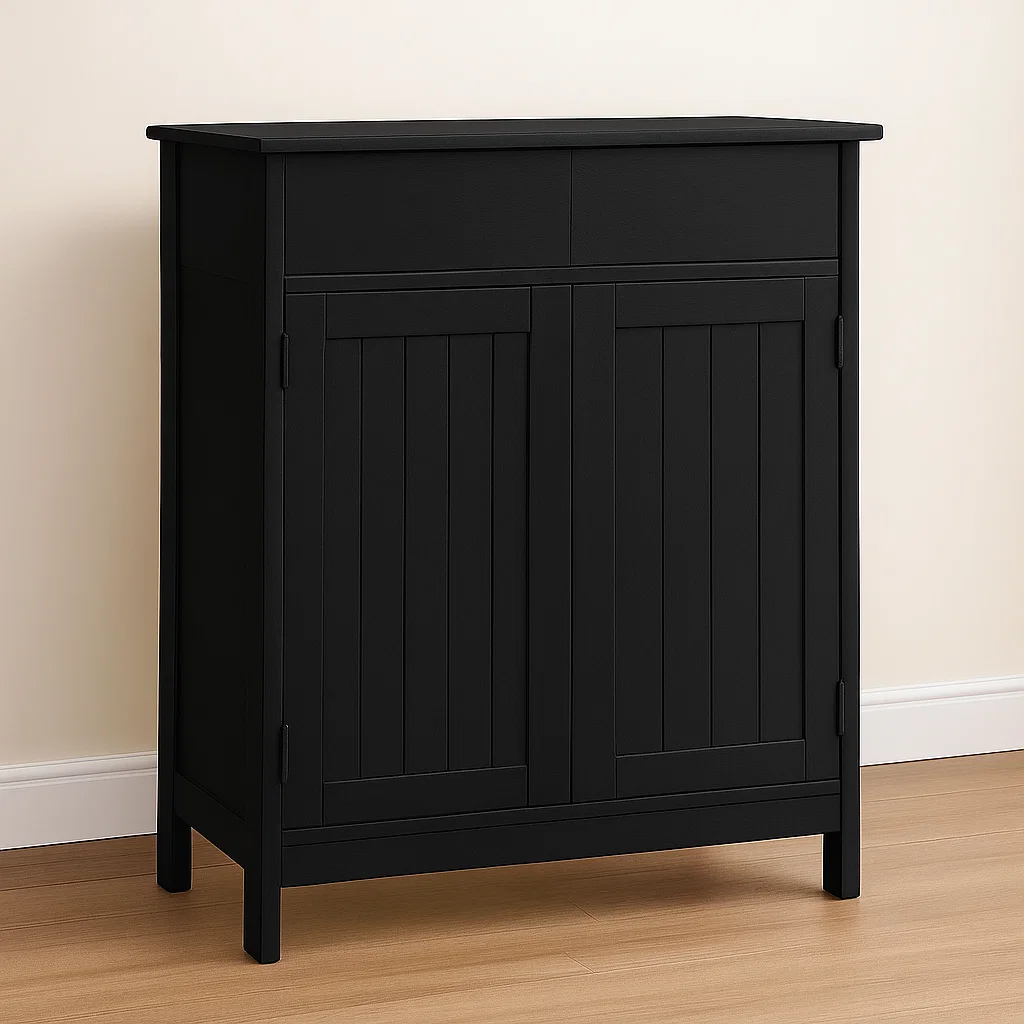 Black wooden storage cabinet with double doors placed on a hardwood floor in a neutral room.