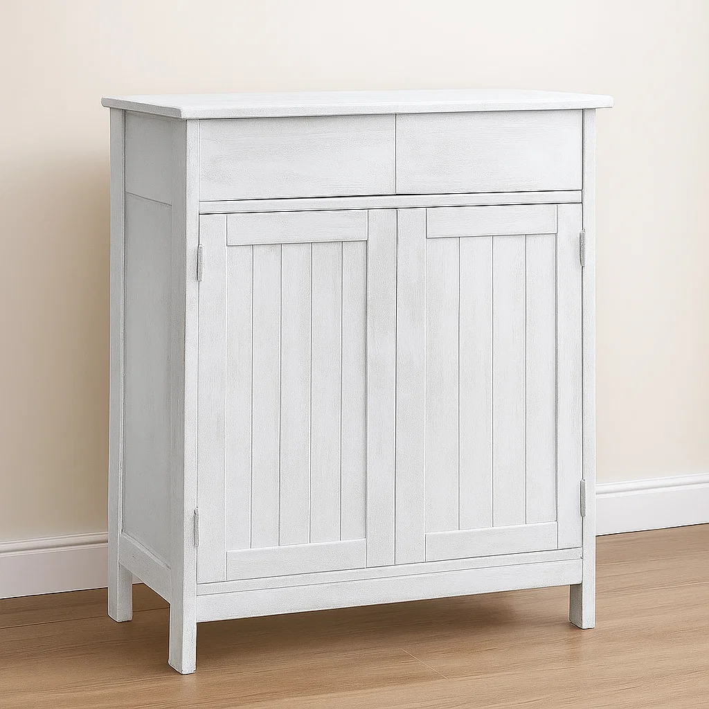 Primer applied on a wooden storage cabinet with paneled doors in a room.