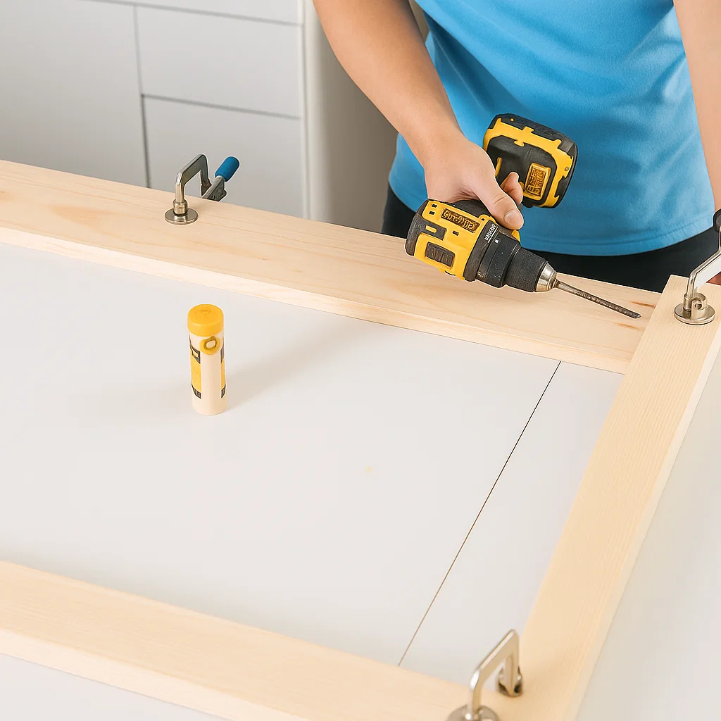 Person drilling into a clamped wood frame with wood glue applied,