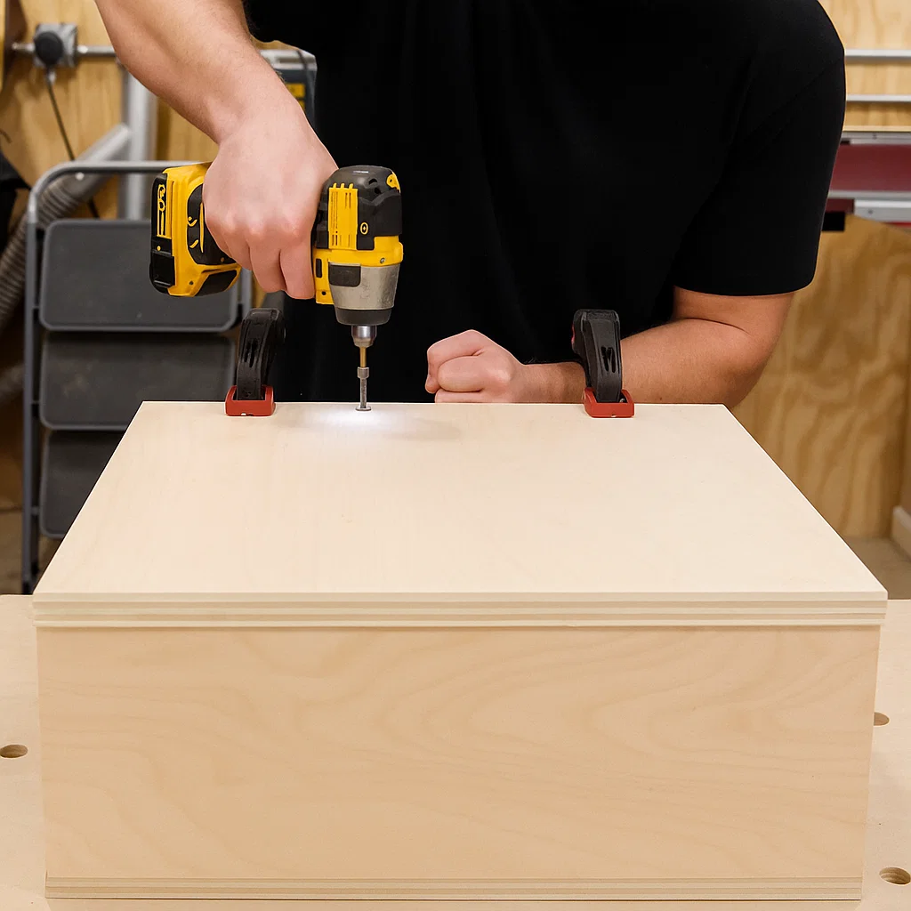 Man using a drill to assemble a wooden drawer box with clamps on a workbench.
