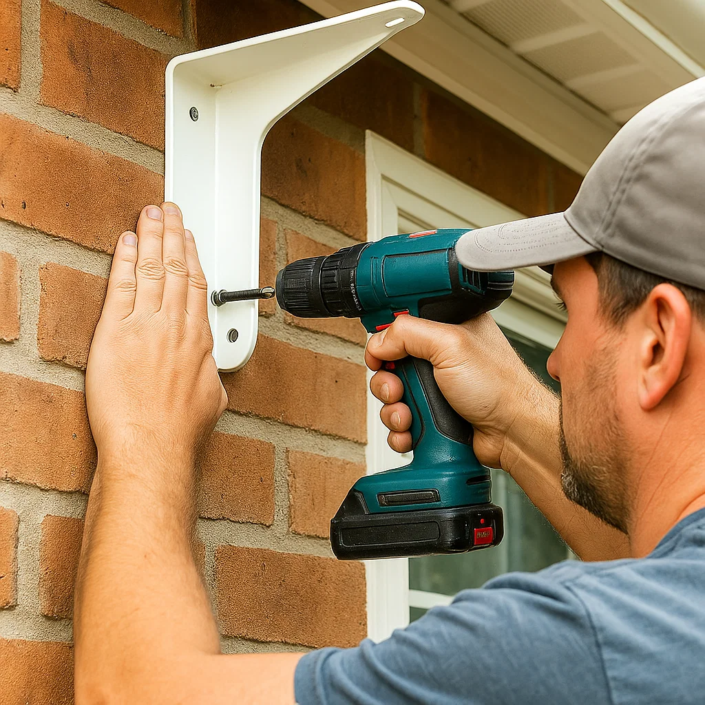 Man using a power drill to attach a white metal bracket to a brick wall.