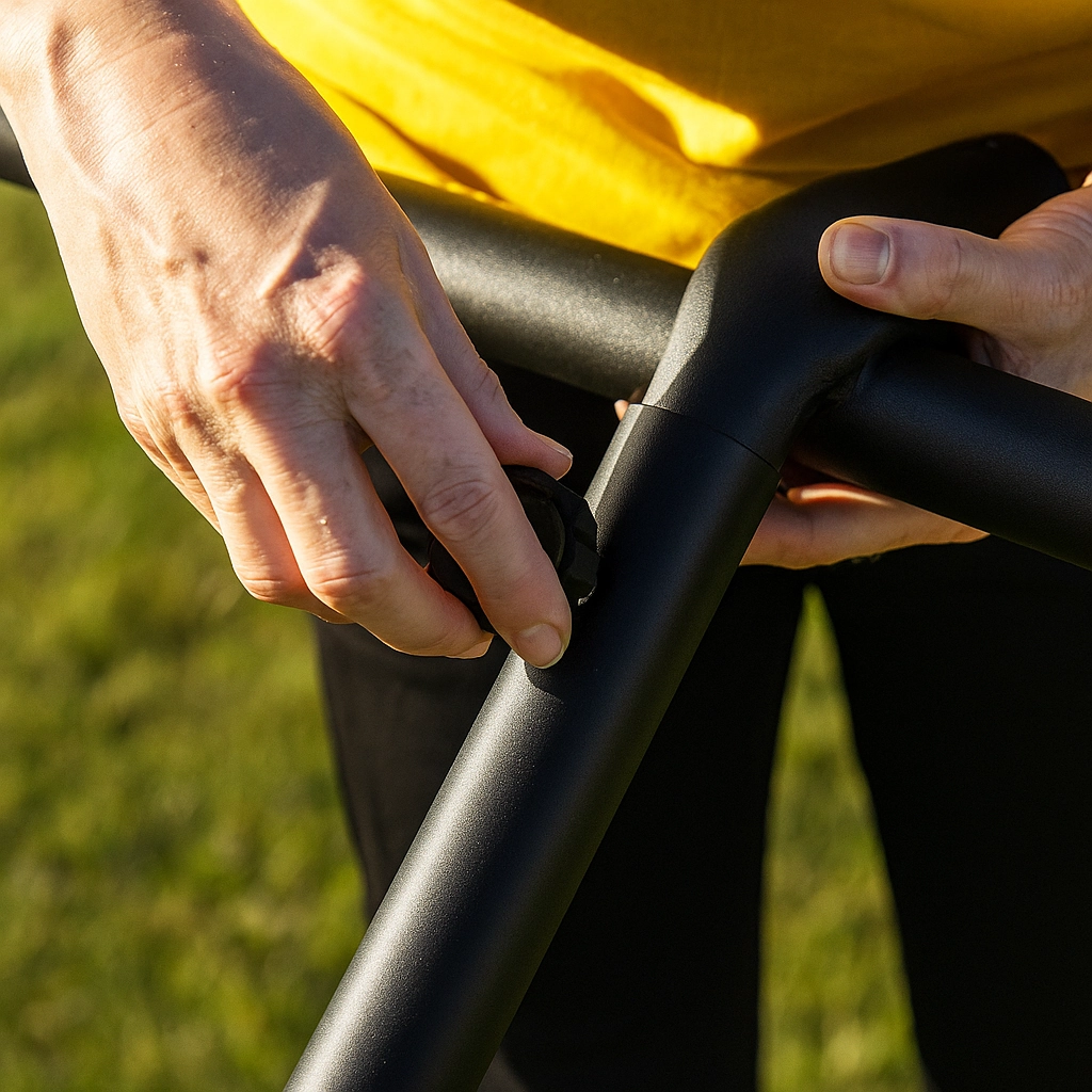 Person connecting metal crossbars to base legs of a hammock stand on grass.