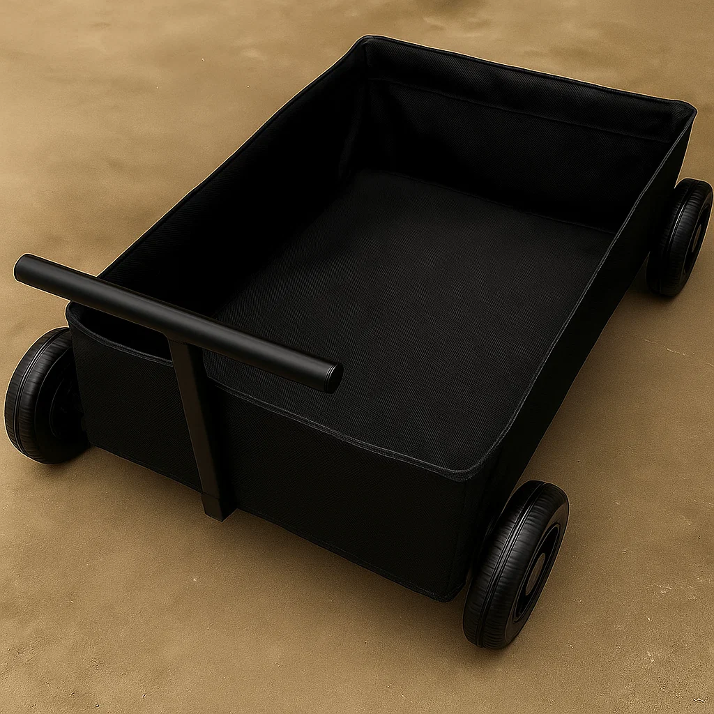 Black fabric cart body with wheels for DIY pull cart.