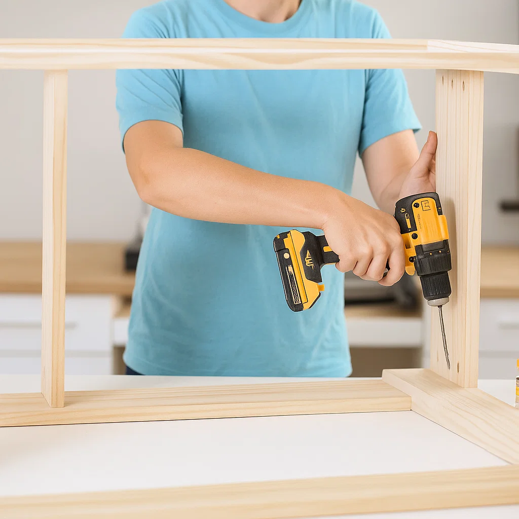 Man assembling a vertical support of a kitchen island cart frame