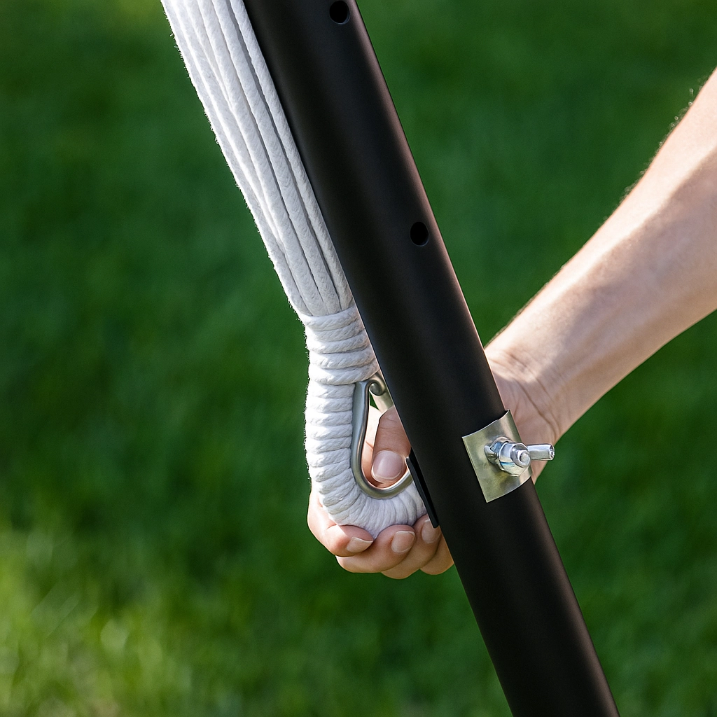 Rope loop of hammock being attached to J-hook on stand for secure support.