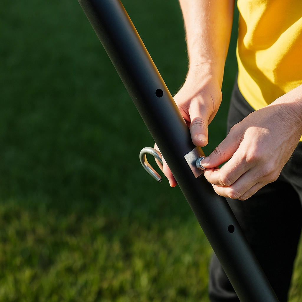 Person screwing a J-hook into the metal frame bar of a hammock stand.