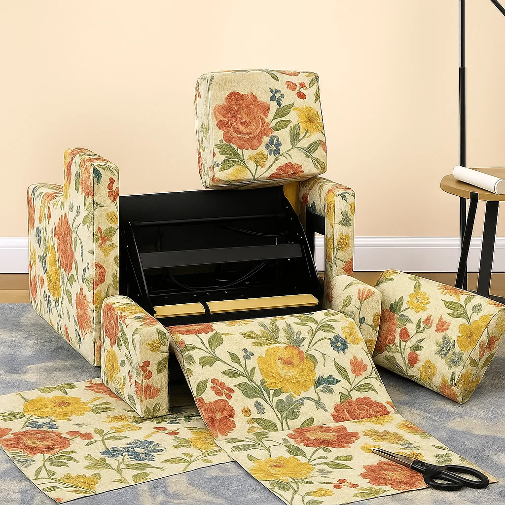 Upholstery fabric with floral print being positioned on a recliner for re-covering.