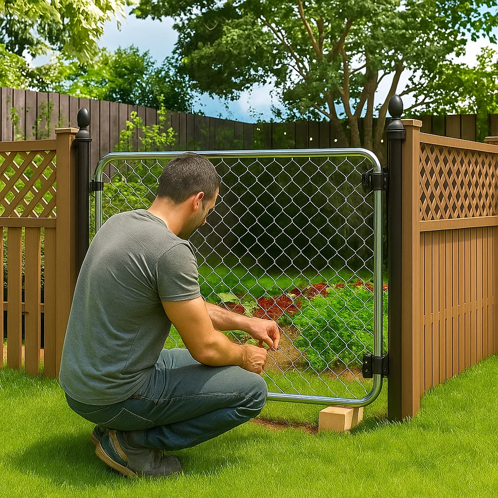 Man kneeling to attach chain-link garden gate to wooden fence post outdoors.