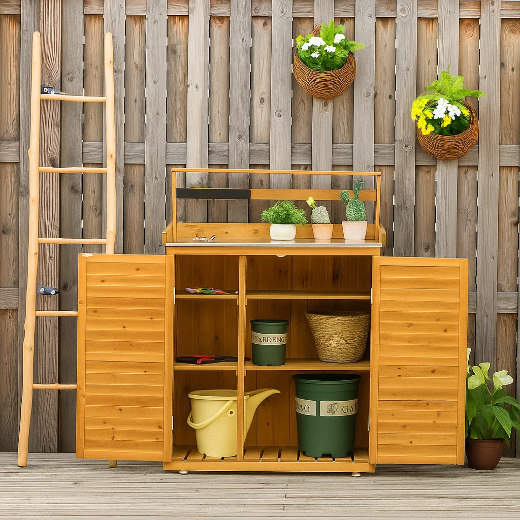 Wooden potting bench with shelves, drawers, and garden tools neatly organized.