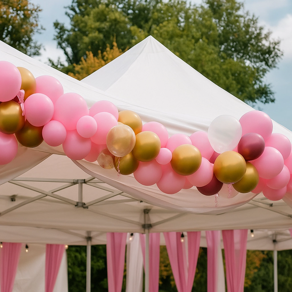 Colorful pink and gold balloon garland decorating a party canopy for festive outdoor events.