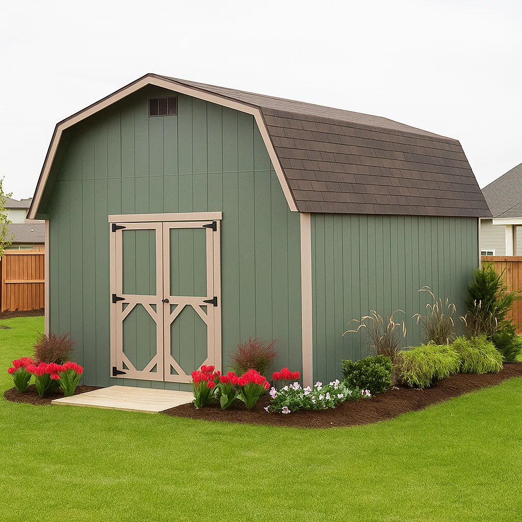 Green barn-style shed with vibrant garden flowers and wood mulch.