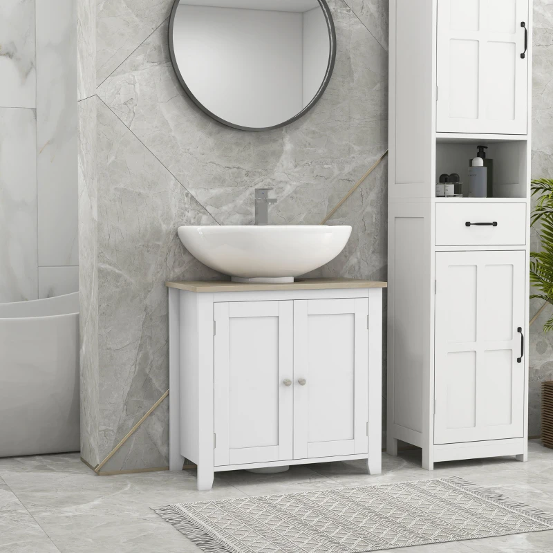 White bathroom vanity with round mirror and light grey marble walls in a modern setting.