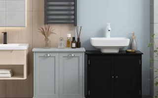 Modern bathroom with vanity and storage cabinets in neutral tones, organized for daily essentials.