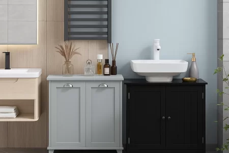 Modern bathroom with vanity and storage cabinets in neutral tones, organized for daily essentials.