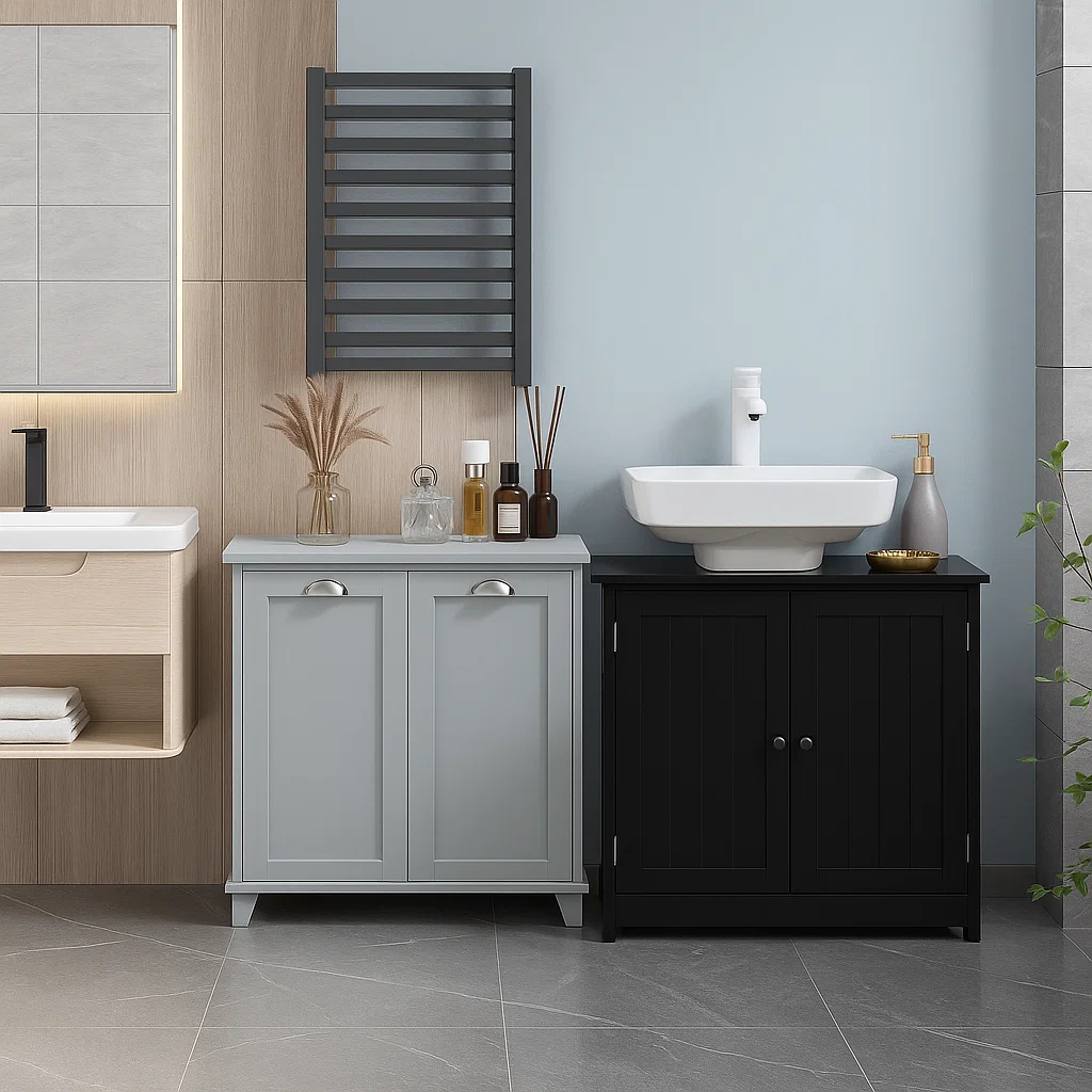 Modern bathroom with vanity and storage cabinets in neutral tones, organized for daily essentials.