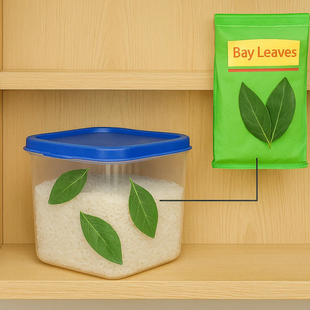 Fresh green bay leaves placed on a wooden surface used as natural insect deterrent.