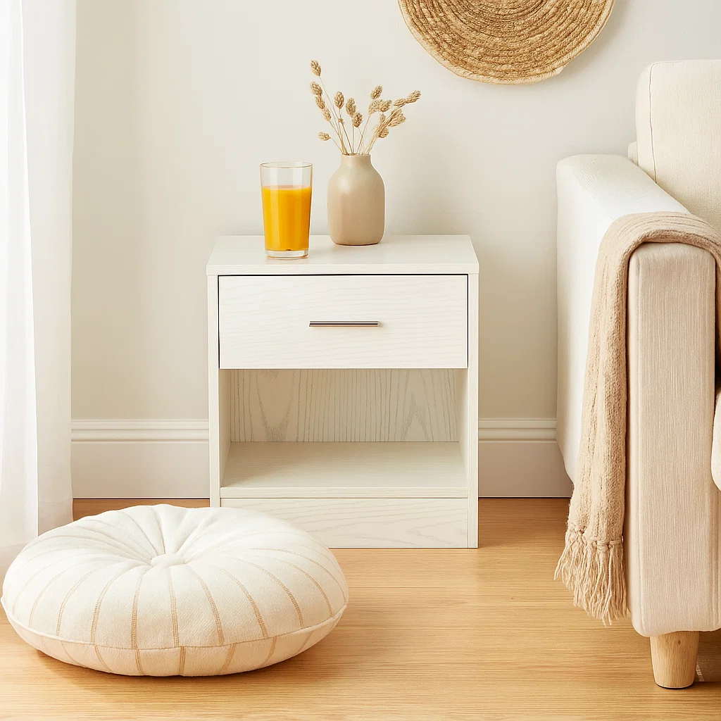 Compact end table beside floor cushions offers surface space in casual lounge setting.