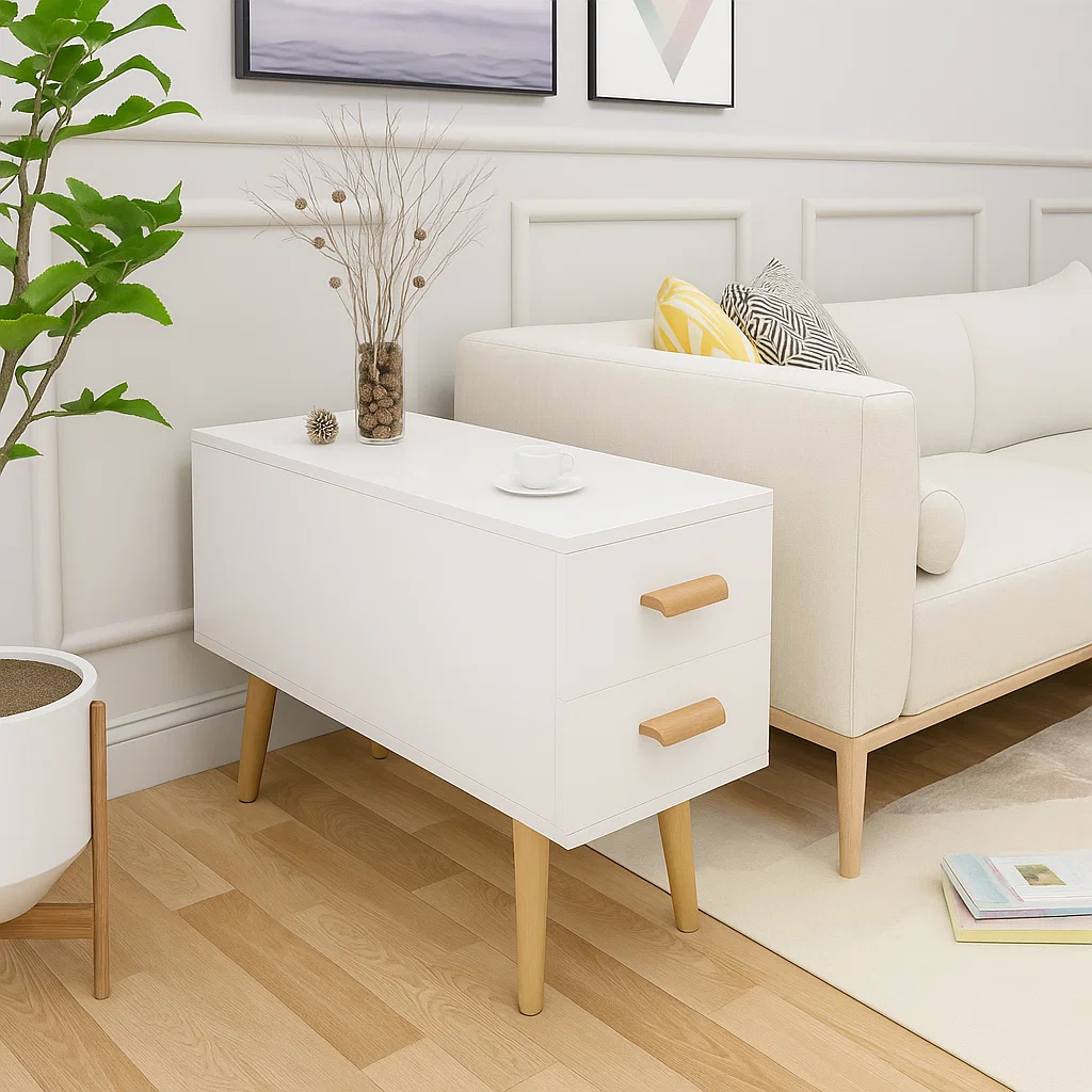 End table positioned beside sofa for holding  decorative accents.