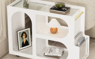 stylish side tables in a modern living room setup with plants and books.