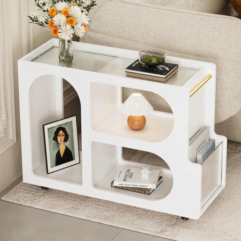 stylish side tables in a modern living room setup with plants and books.