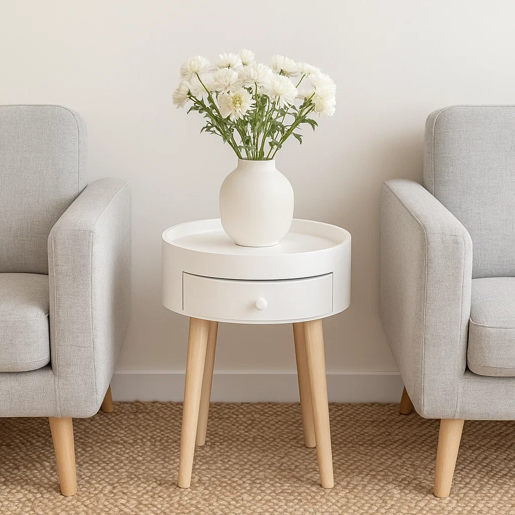 Shared end table between two armchairs creates symmetry and shared surface space.
