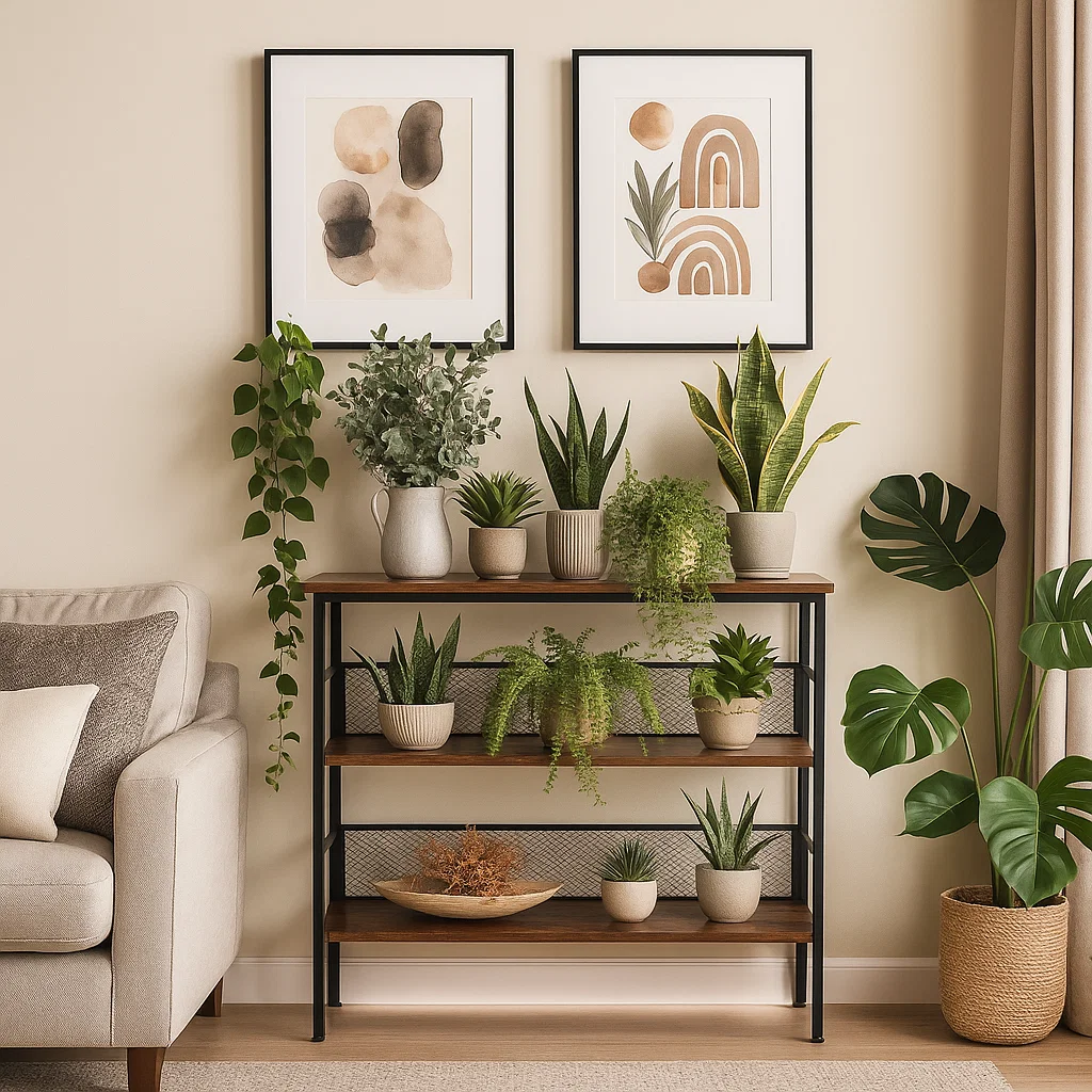 Console table decorated with layered plants and abstract art in a modern, neutral-toned living room.
