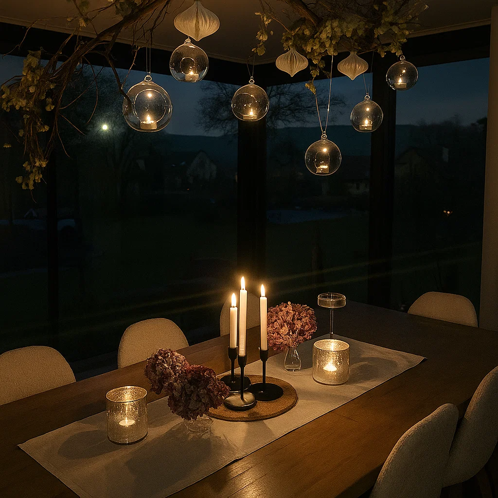 Dining table with lit candles, glass globes, and floral arrangement for a cozy nighttime ambiance.