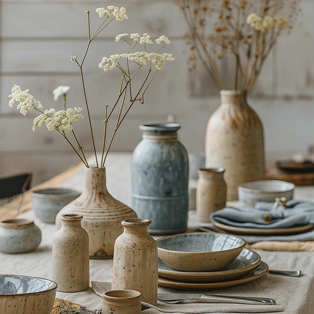 Rustic table setup with ceramic vases, plates, and dried flowers in neutral earthy tones.