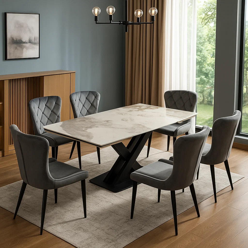 Elegant white ceramic dining table with gold base in modern light-filled dining room