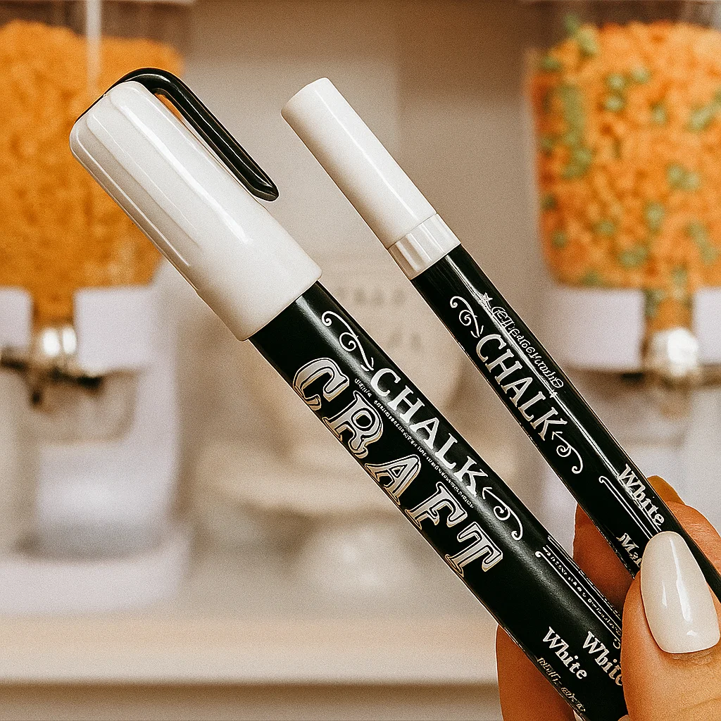 White chalk markers and black chalk pens used for labeling jars and containers.