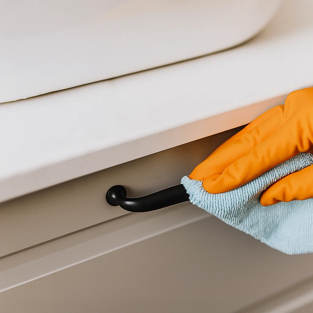 Gloved hand using a microfiber cloth to clean a black cabinet handle under a white countertop.