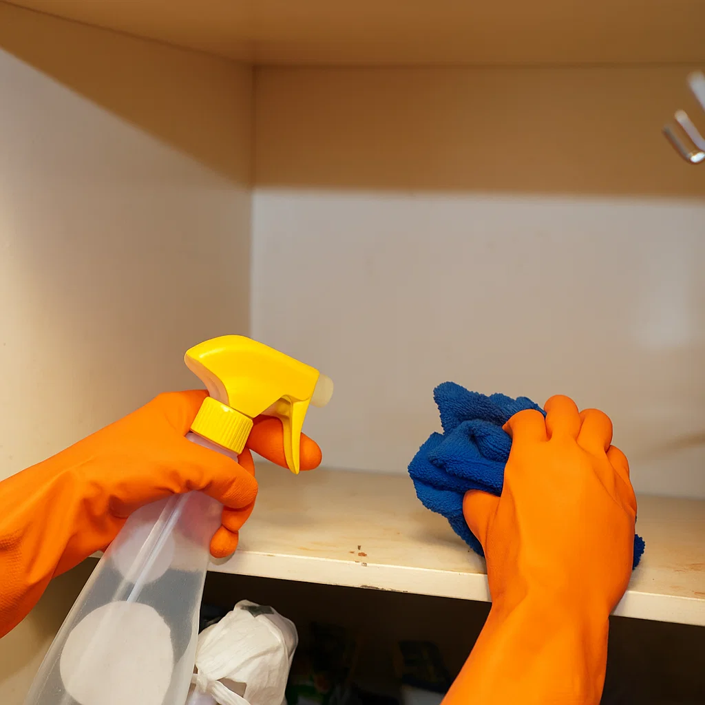 Person spraying cleaner and wiping the inside of a cabinet with a blue cloth, wearing orange gloves.