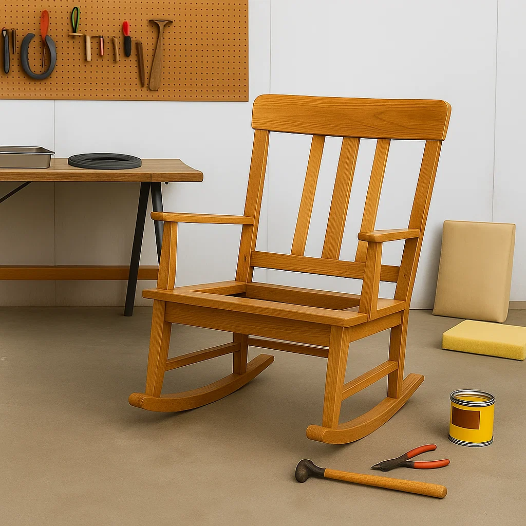 Wooden rocking chair frame in workshop with tools, paint can, and foam blocks ready for repair
