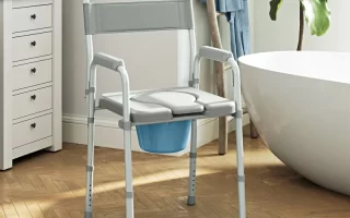 Portable commode chair in modern bathroom with bathtub and wooden flooring